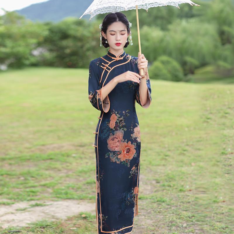 Qipao Spring and Autumn Chinese Style Vintage Print Slim High End Improved Cheongsam Dress for Women
