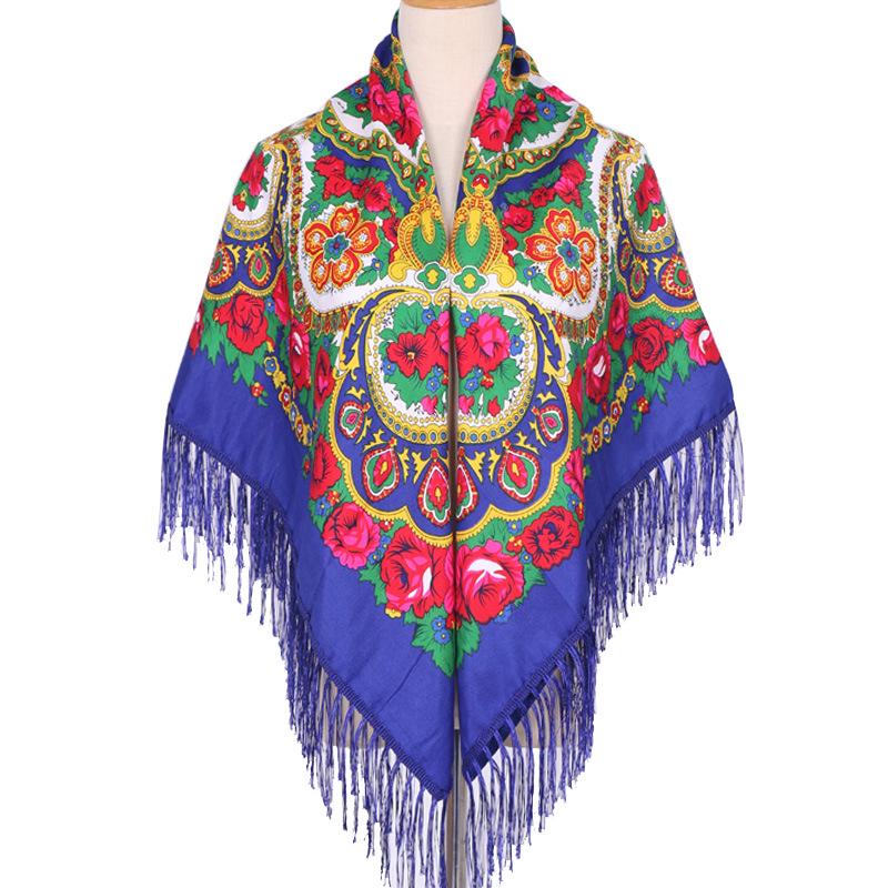Women's Ethnic Print Summer Shawl - Large Square Scarf with Tassels for Travel & Photos