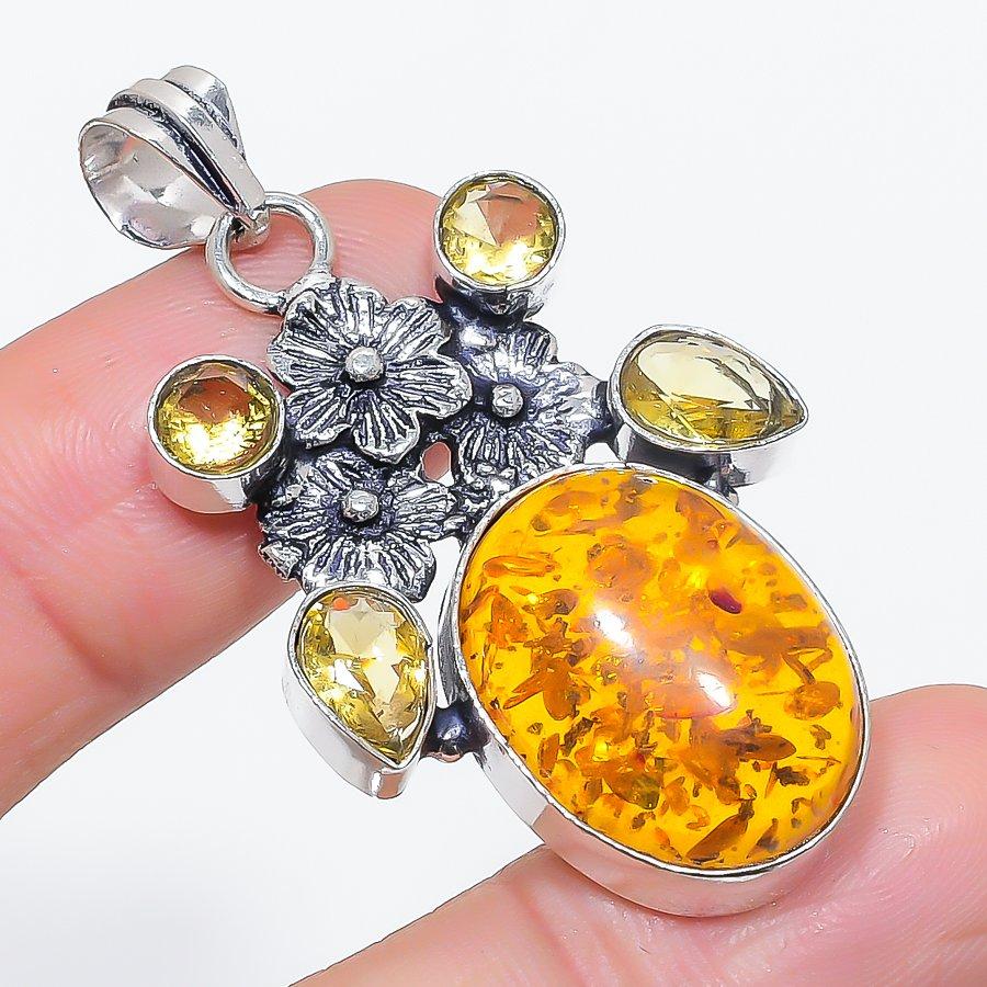Natural Baltic Amber, Citrine 925 Sterling Silver Jewelry Pendant 2.01" h0d90
