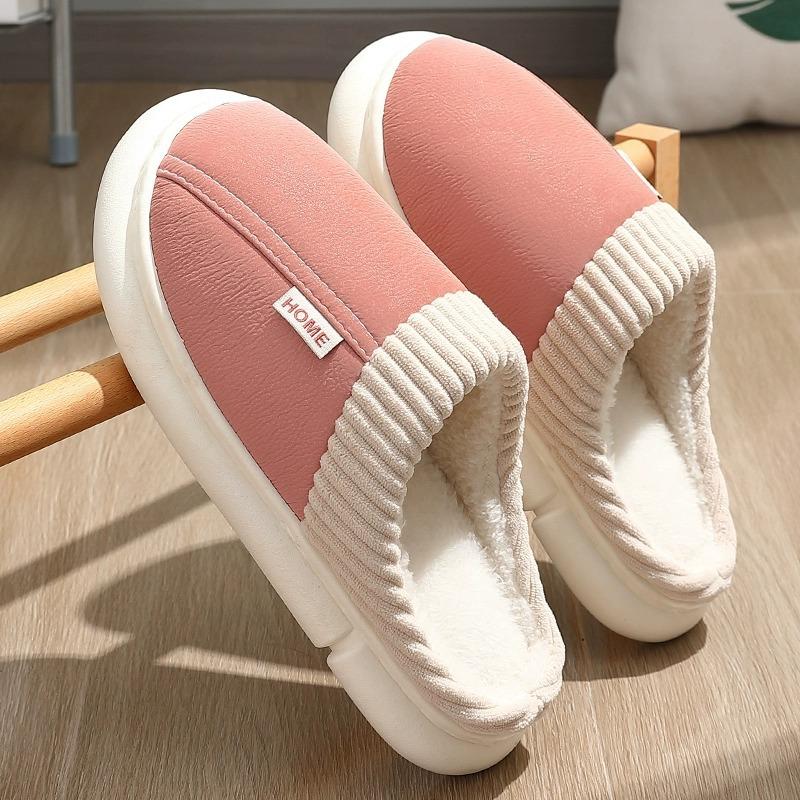 

PU leather waterproof cotton slippers men s autumn and winter household thick bottom stepping on shit feeling half bag head indoor home thermal care 36