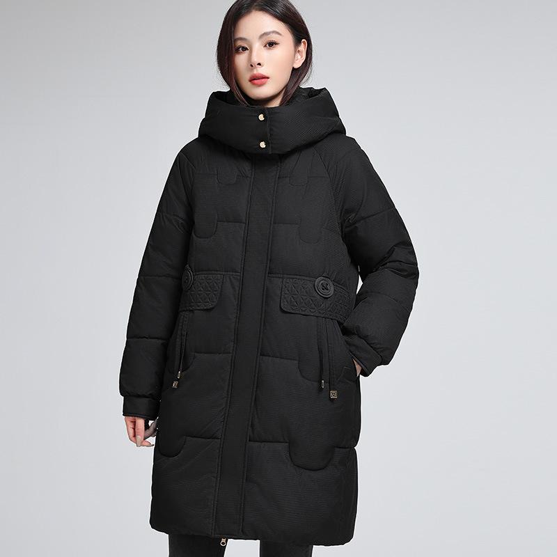 Polstrované oblečení dámské střední a dlouhé s kapucí zimní volné nové polstrované oblečení zesílené teplé polstrované bundy nadměrné velikosti bundy
