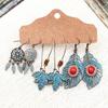 3Pairs Women Hollow Leaf Teardrop Round Dangle Ear Stud Hook Earrings Jewelry