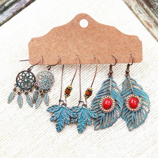 3Pairs Women Hollow Leaf Teardrop Round Dangle Ear Stud Hook Earrings Jewelry