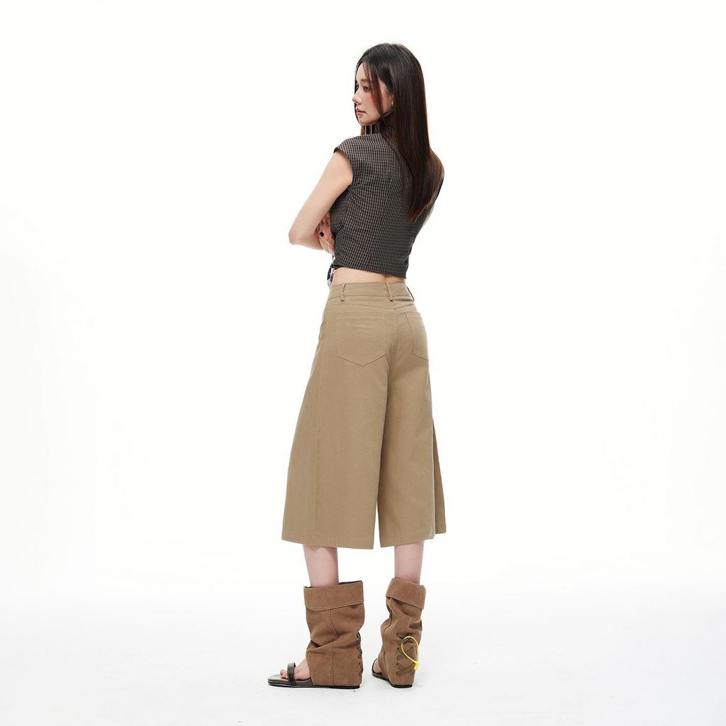 Trendy Summer Vintage Khaki Draped Loose Casual Cropped Capri Pants For Women Versatile Loose Straight Slimming Daily Bottoms