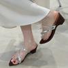 Cowhide version~ retro pointed thick heel heightened one-word set of toe slippers women's summer new French wedge heel toe sandals