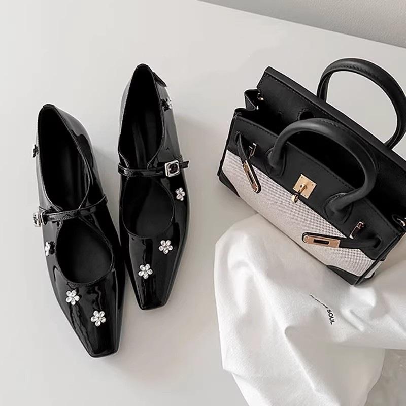 Sheepskin Version~ French Rhinestone Flower Inner Height Increase Small Square Head Light Mouth Single Shoes Women's Word with Silver Mary Jane Shoes