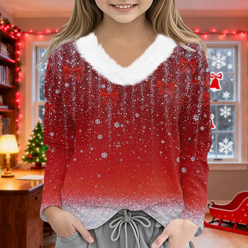 Christmas Day Girls Long Sleeve T Shirts Kids  Girls' V-Neck Tee Christmas Print Long Sleeve Top