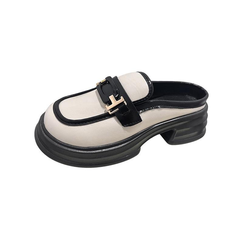 Baotou half slippers women wear spring new thick-soled muffin leather shoes one foot lazy