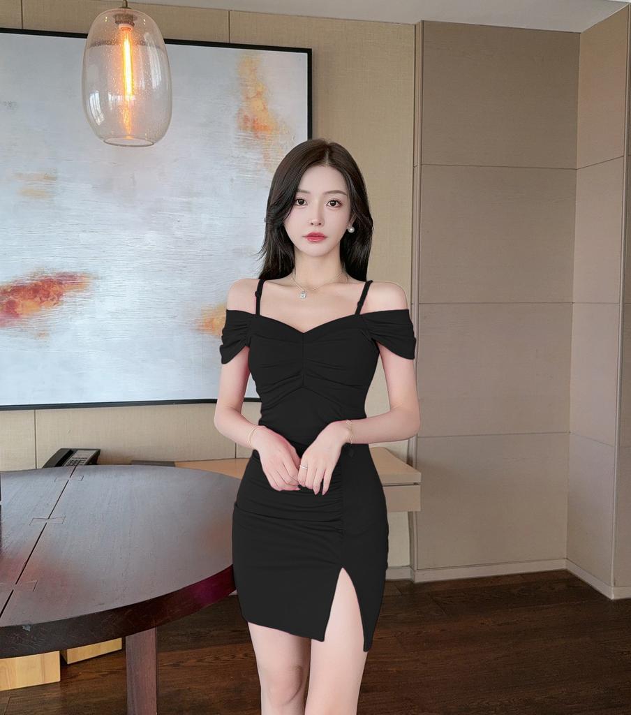 Summer new solid color suspender slim hip dress women's pleated slim short sleeve sexy split skirt