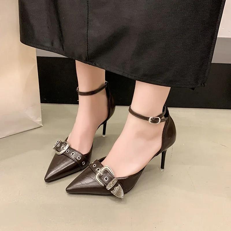 Fashion Summer New Pointed Toe Shallow Mouth Metal Buckle Strap Pumps Wear-Resistant Sandals Pointed Toe High Heels Shoes for Women