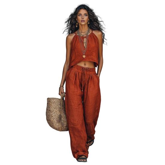 Women 2 Piece Sets Sleeveless Crop Tank Top And Wide Leg Long Pants Casual Matching Sets Summer Travel Vacation Lounge Outfits S вино красного