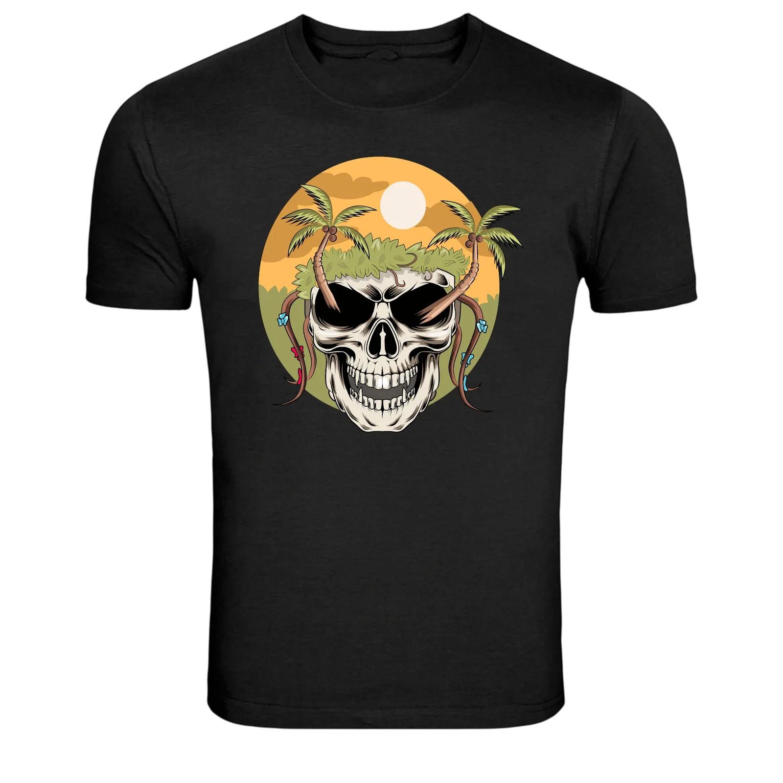 Island Skull Palm Trees Sunset Graphic T-Shirt L
