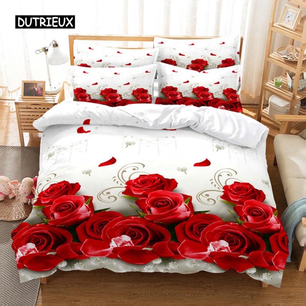 Povlečení červená růže Povlak na přikrývku/přikrývku Pouzdro na polštář 3D HD Double Full King Queen Twin Single 3/2KS Polyester Povlak na přikrývku