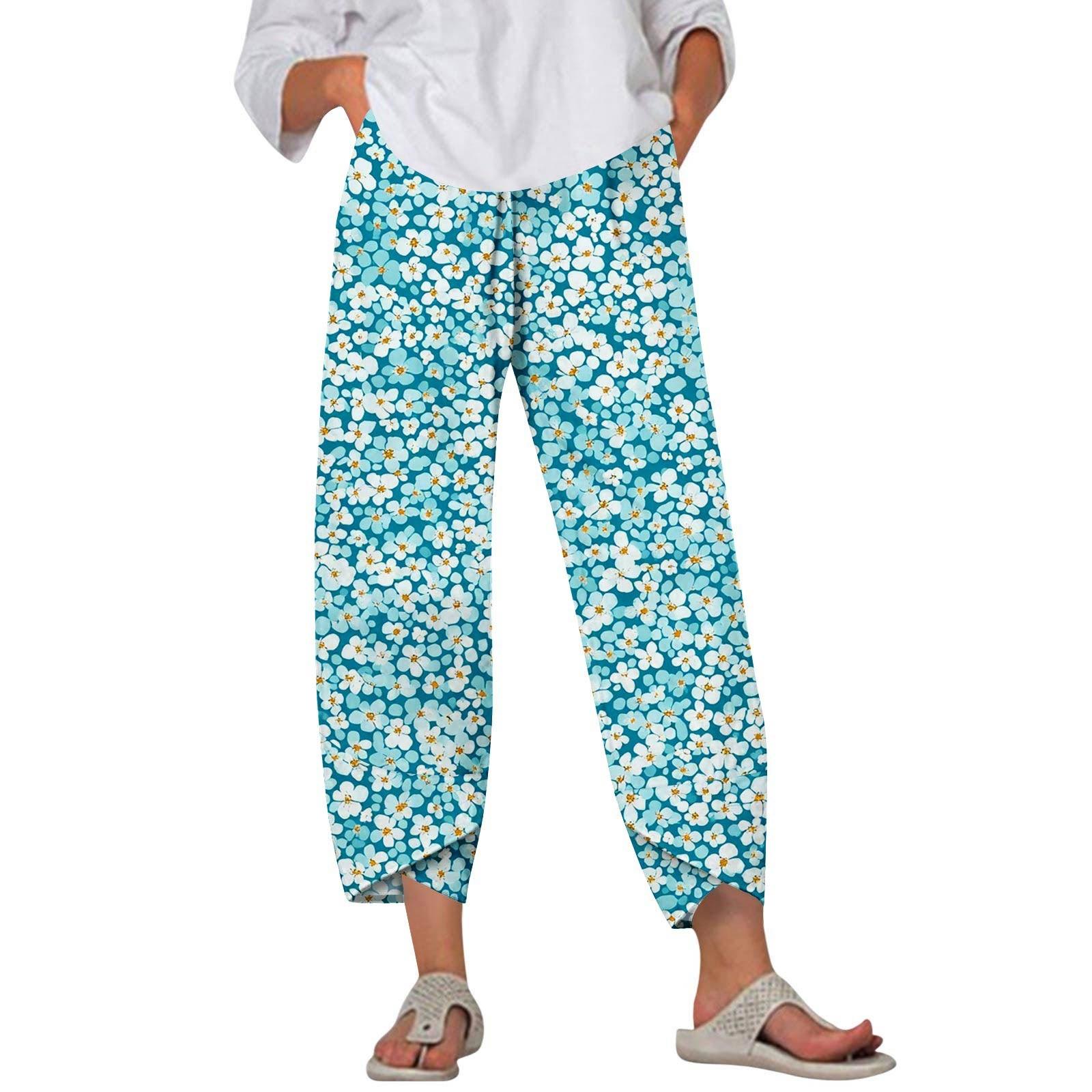 

Брюки женские летние повседневные широкие брюки с эластичной резинкой на талии и принтом с карманами L синий