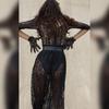 Sexy Backless Long Split Lace Dress for Women Square Collar Three Quarter Sleeve Summer Solid Dress