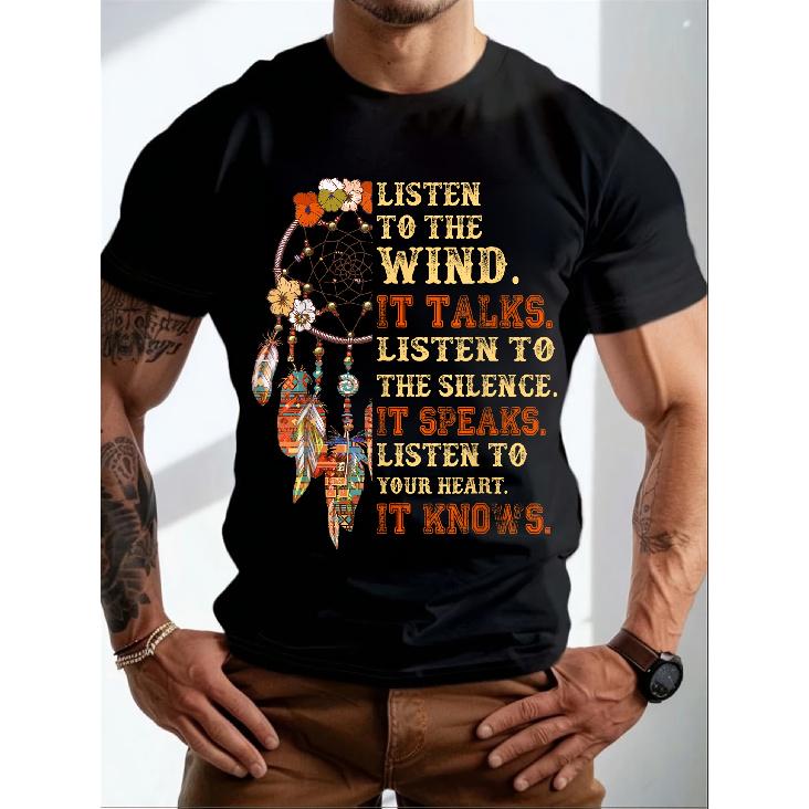 Listen To Your Heart & Wind Spiritual Dreamcatcher T-Shirt - Men s/Unisex Casual Crew Neck Short Sleeve Top, Vintage Boho Native American Inspired S чёрный