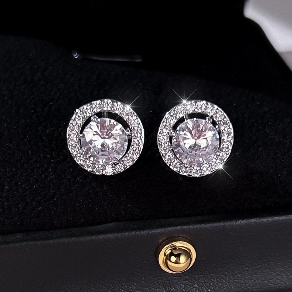Round zircon stud earrings full of diamonds, super flash earrings, versatile earrings with design sense and temperament