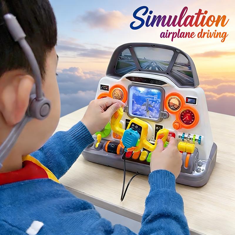 Çocuklar İçin Simülasyon Uçak Kokpiti Montessori Oyuncak Pilot Taklidi Uçan Oyun Erkek Çocuk Sesli/Işıklı Direksiyon Meşguliyet Panosu Oyuncak Hediye