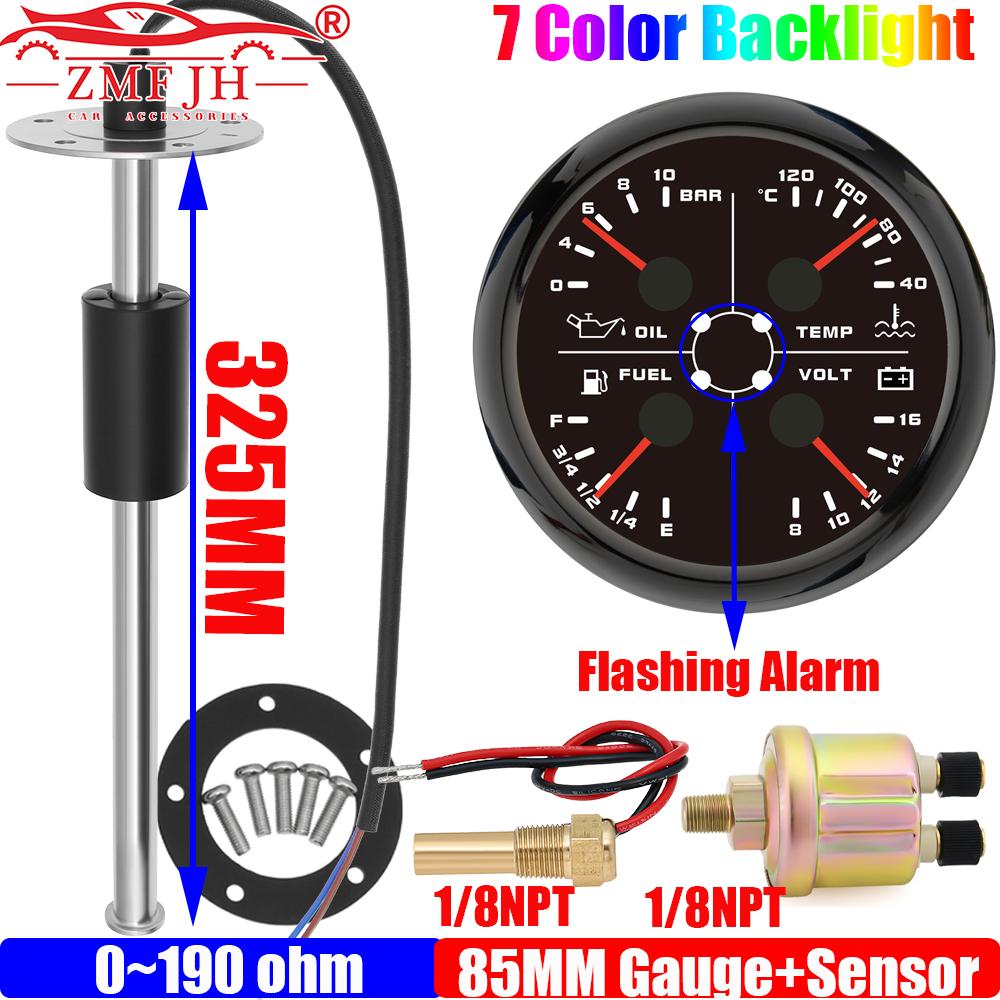 7 Color LED MultiFunction 85mm Gauge Oil Pressure+Water Temperature+Fuel Level Gauge+Voltmeter with Sensor 0-190ohm Auto Car 12V