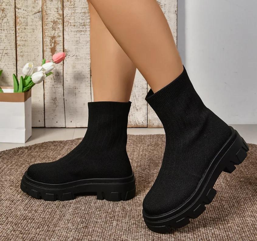 

мода Новые весенние/осенние женские сапоги на среднем каблуке без застежек для женщин, уличные платья, с круглым носком, сапоги-носки, туфли на платформе и квадратном каблуке 43