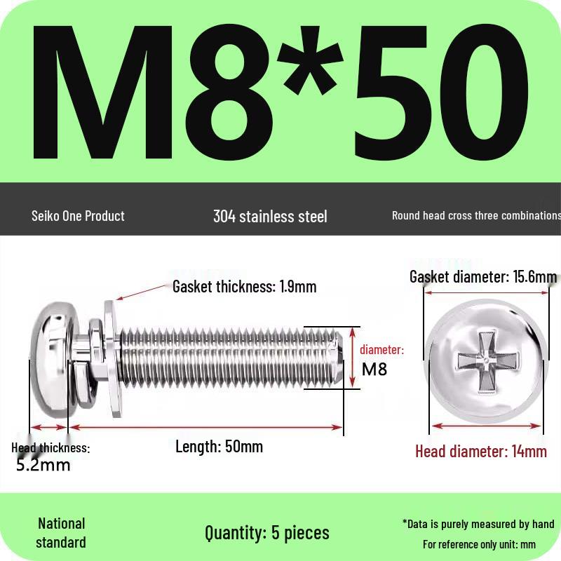 304 Stainless Steel Round Head Phillips Screw with Flat Washer (Sizes M3, M4, M5, M6)