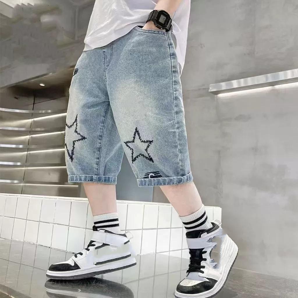 Boys Straight Denim Shorts Summer Children Casual Wide-leg Knee Length Pants Teenage Jean Short Trousers Kids Clothing 5-14 Year