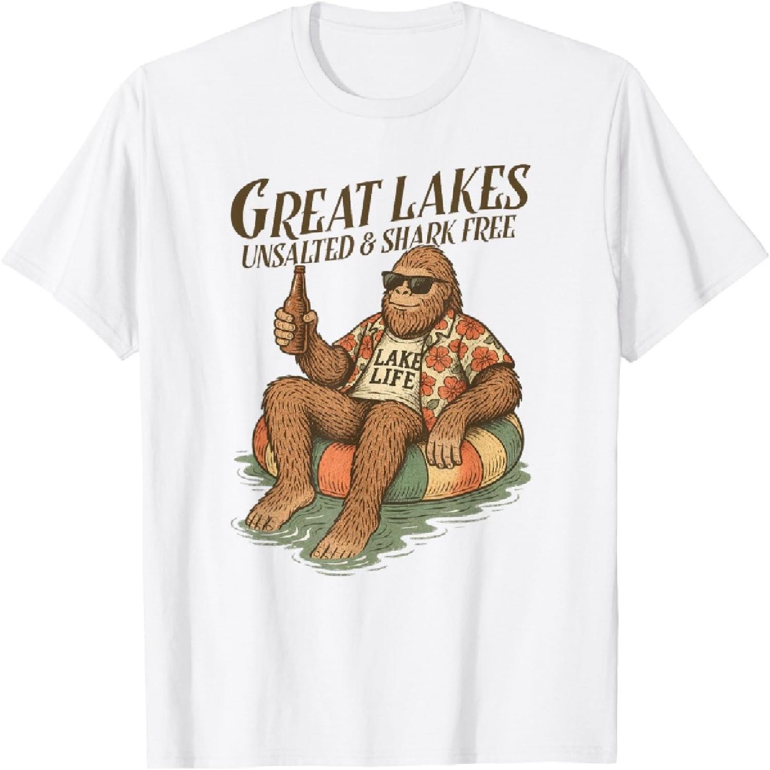 

Lake Life Bigfoot Drinking Great Lakes Unsalted Shark Free T-Shirt XXXXXL білий