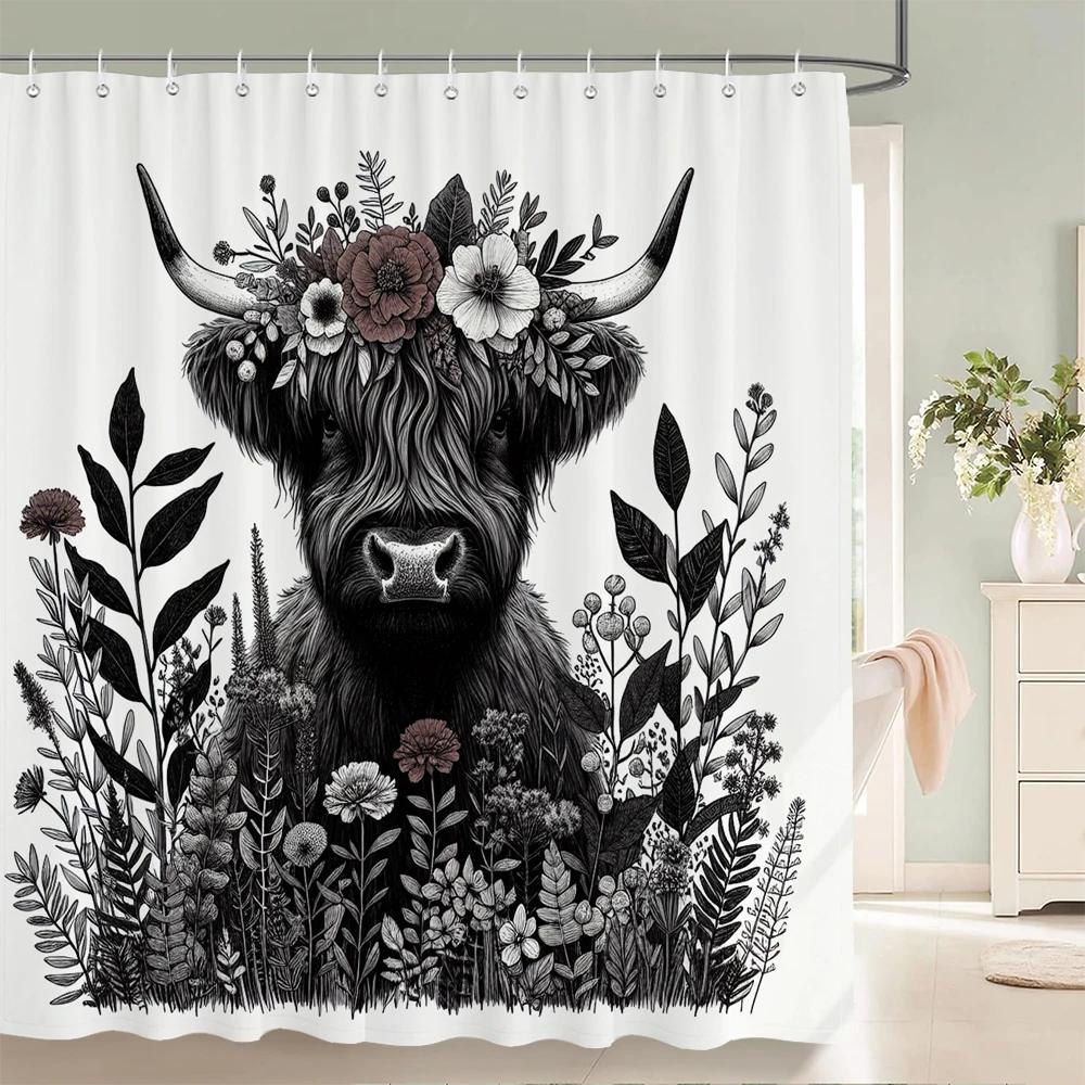 Watercolor Plants And Highland Cow Animal Shower Curtain Print Polyester Waterproof Bathroom Curtains With Hook Decorate Curtain