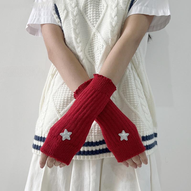 Red Knitted Arm Cover Hip-Hop Long Fingerless sleeves Stretchy Elbow Decoration Thumb Hole Gloves Teens Cosplay