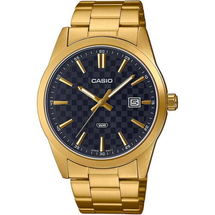 Casio Men's Watch Analog Date Display Black Dial Stainless Steel Band Gold Ion-Plated Case and Band MTP-VD03G-1AUDF, Gold, Bracelet