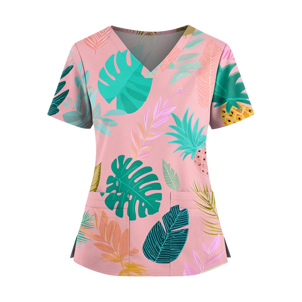 Women's Hawaiian Print V-Neck Double Pocket Short Sleeve Uniform/ Top