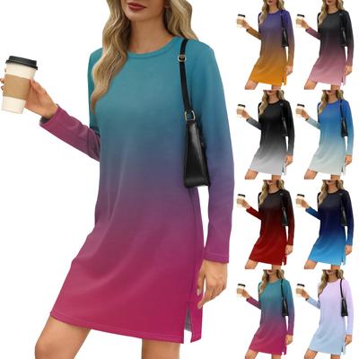 Vestido casual de moda para mujer con estampado, cuello redondo, manga larga y abertura en el bajo.