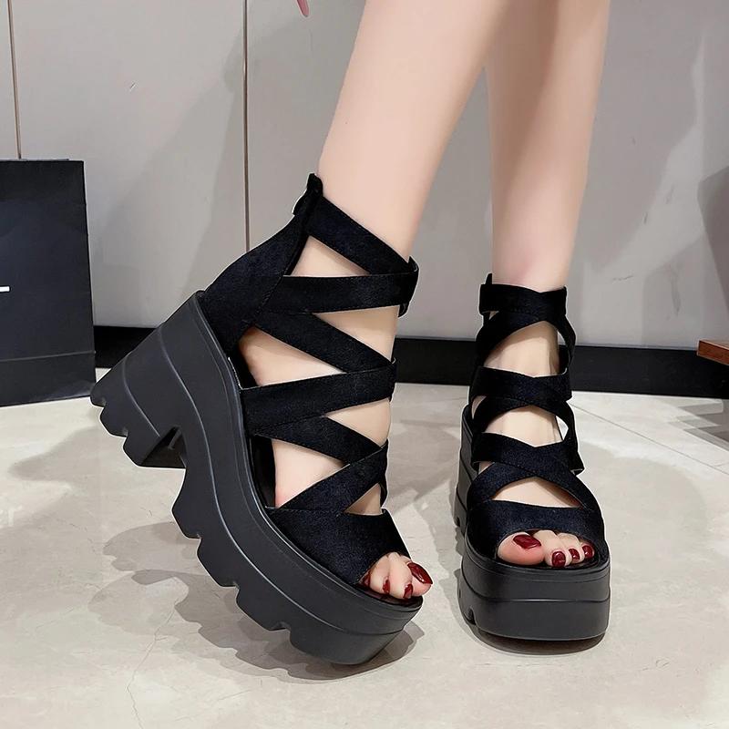 Fashion 2025 New Summer Women Square Heel Sandals Round Head Hollow-out Suede Back Zipper Waterproof Platform Non-slip High Heels Shoes