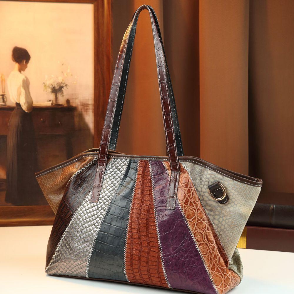 

Crossbody Bag, Retro Color Blocked Crocodile Pattern Tote Bag, Genuine Leather Embossed Patchwork Women s Bag, Large Capacity Handheld