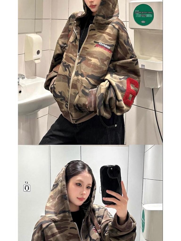 Unisex Retro Camouflage Cardigan Hoodie: Loose, Versatile, Trendy Jacket for Men & Women