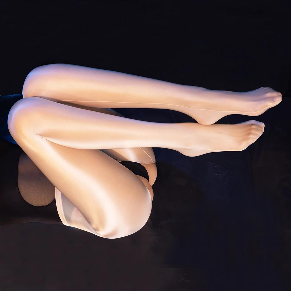 M Xl Plus Size Oil Glossy Satin Pantyhose High Elastic Open Crotch Wet-Look Tights Sexy Lingerie Silky Clubwear For Women