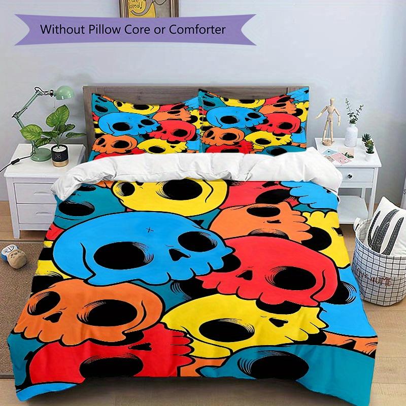 3pcs Colorful Skulls Bedding Set, Ideal for Home Use, Suitable for Bedroom Decor (1*Duvet Cover + 1/2*Pillowcases, No Core) Yy250821198