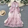 French romantic style lantern sleeve printed dress women's summer waist strap A-shaped long dress high-end temperament