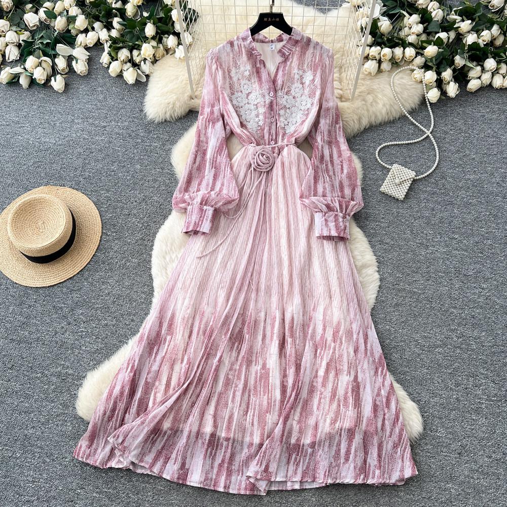 French romantic style lantern sleeve printed dress women's summer waist strap A-shaped long dress high-end temperament