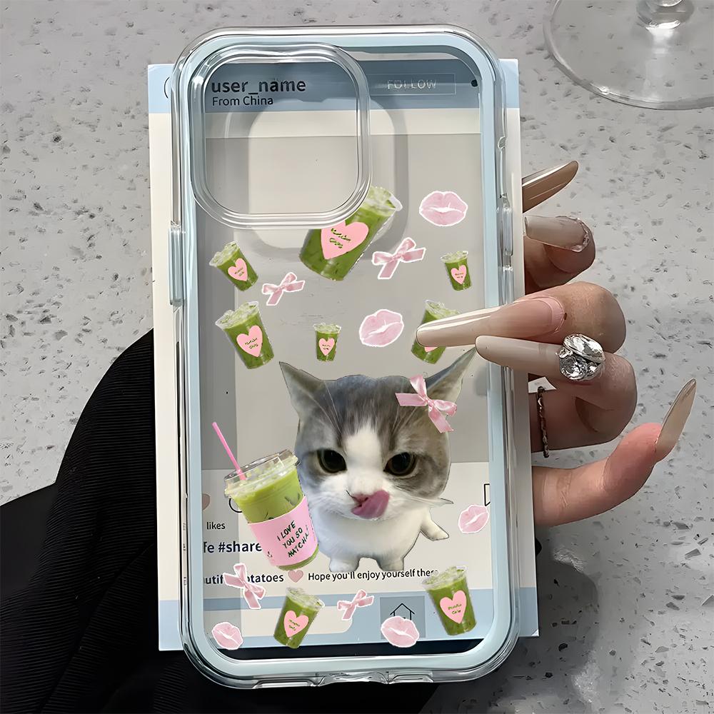 Cute Matcha Cat Pattern 2in1 Clear Phone Case For Samsung Galaxy S26 Ultra S25 S23 FE S24 S22 A57 A37 A55 A54 A36 A35 A16 Cover
