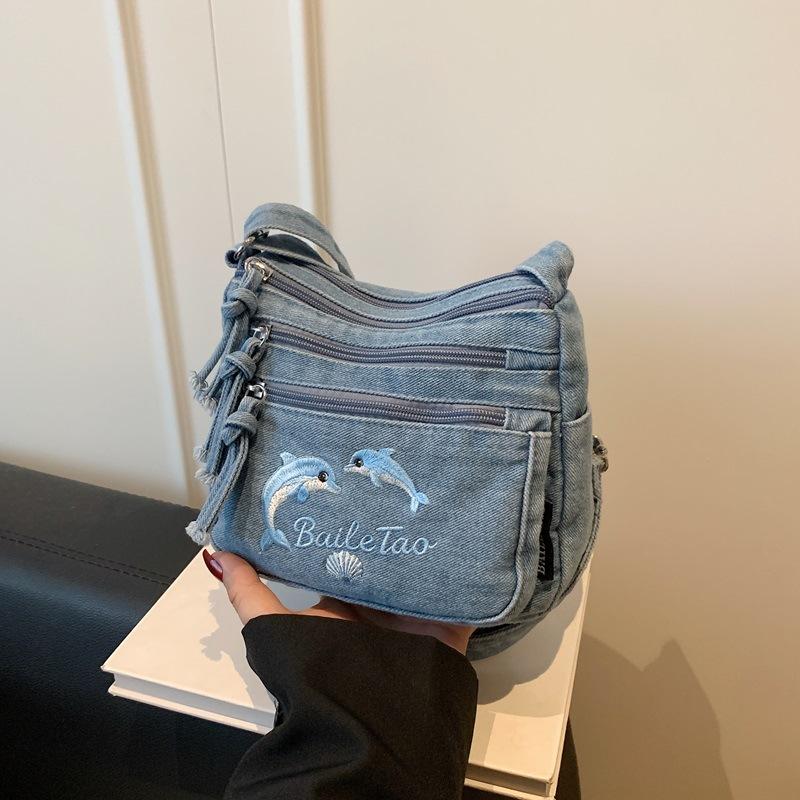 Retro Dolphin Denim Crossbody Bag - Casual and Versatile Shoulder Bag for Women