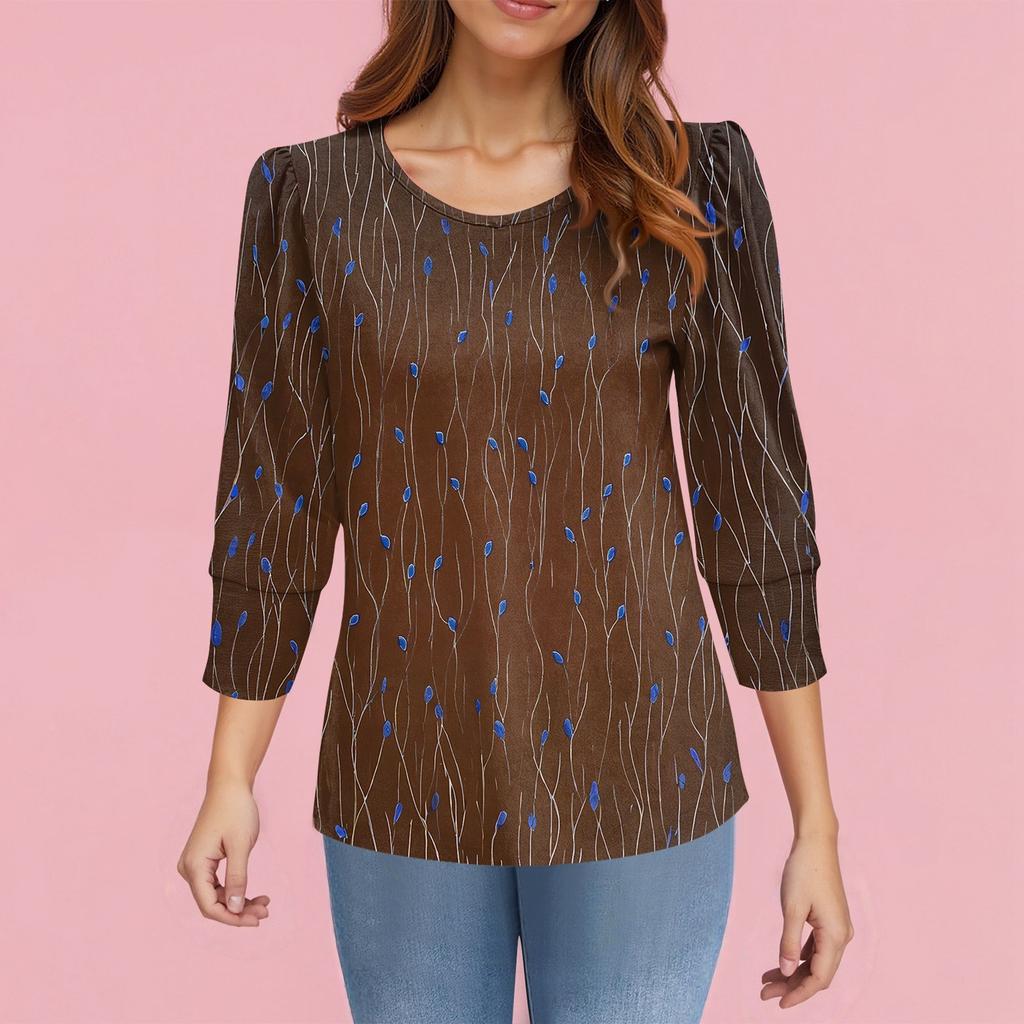 Women's Fashion Casual 3/4 Sleeve Print Shirt Women's Round Neck Tops