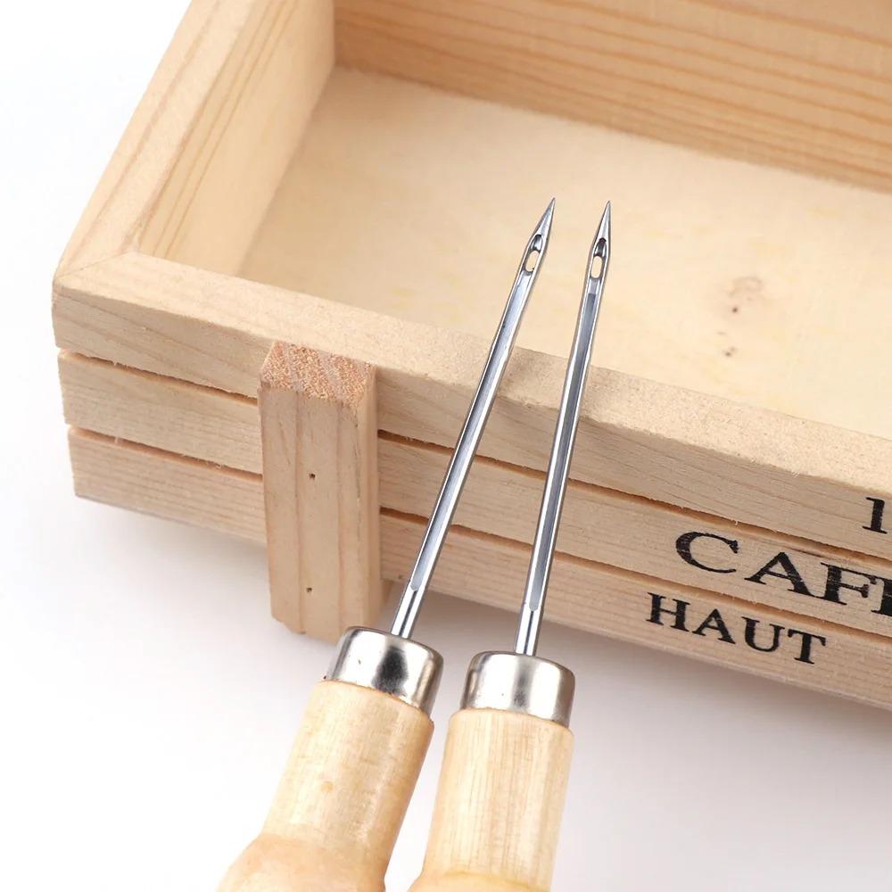 2Pcsset Wooden Handle Sewing Awl Hand Stitcher Leather Punch Tool Diy Shoe Repair Hook Leather Accessories