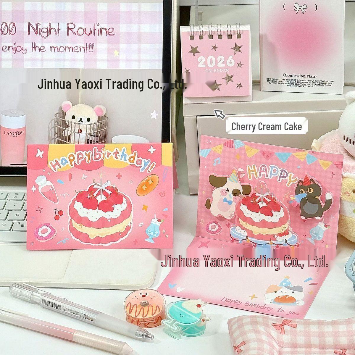 Korean Style Cartoon Birthday Card: Cute Foldable Cake and Pudding Design with Handwritten Blessing