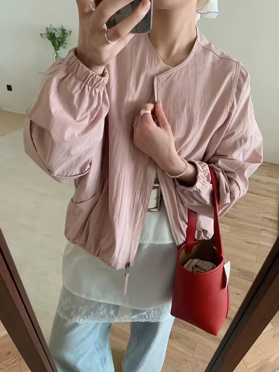 

Маленький женский бейсбольный жакет свободного кроя с круглым вырезом - Коллекция Весна/Осень 2025 Medium розовый