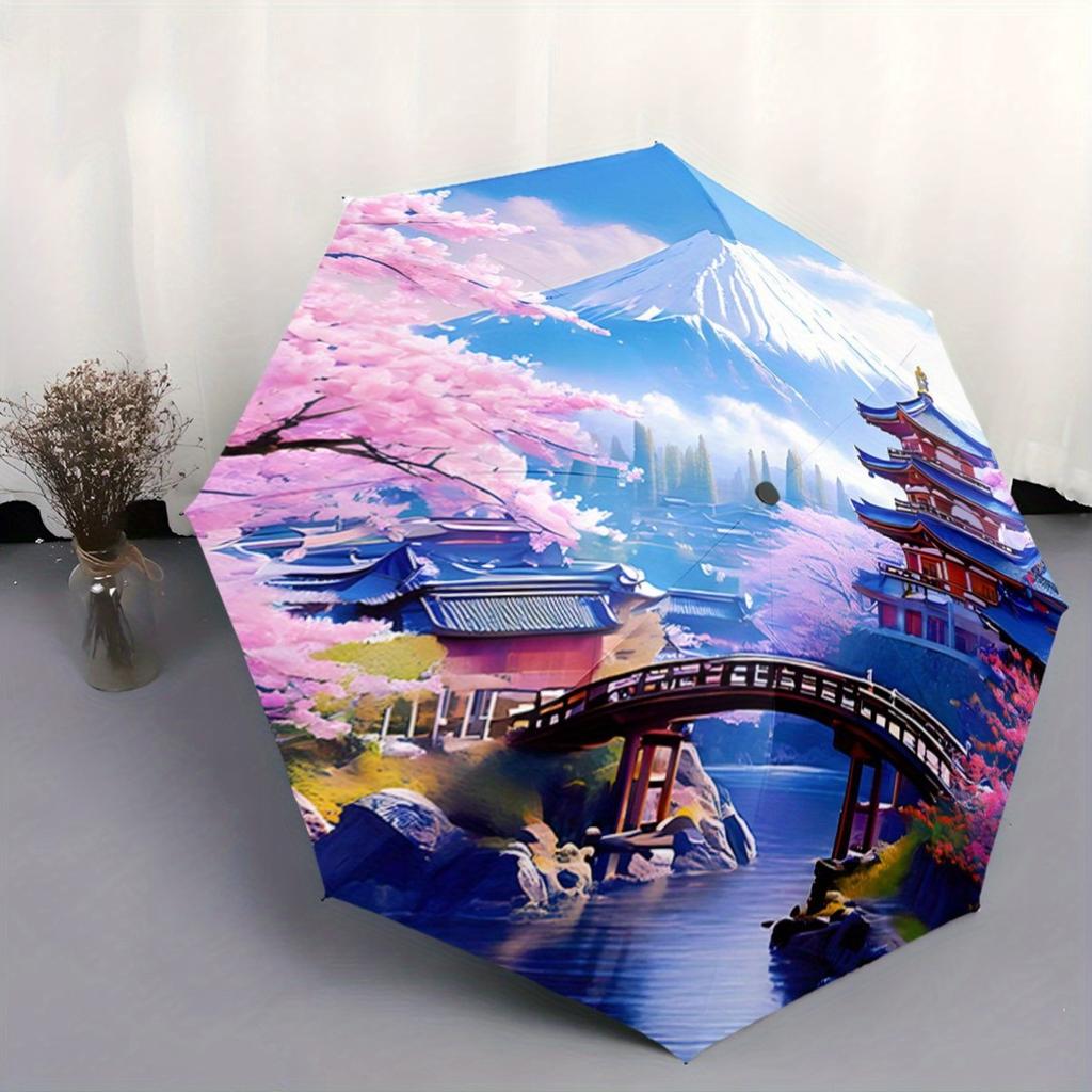 Automatic Folding Umbrella Japanese Landscape with Cherry Blossoms and Mount Fuji. Portable Collapsible Design, Casual Outdoor