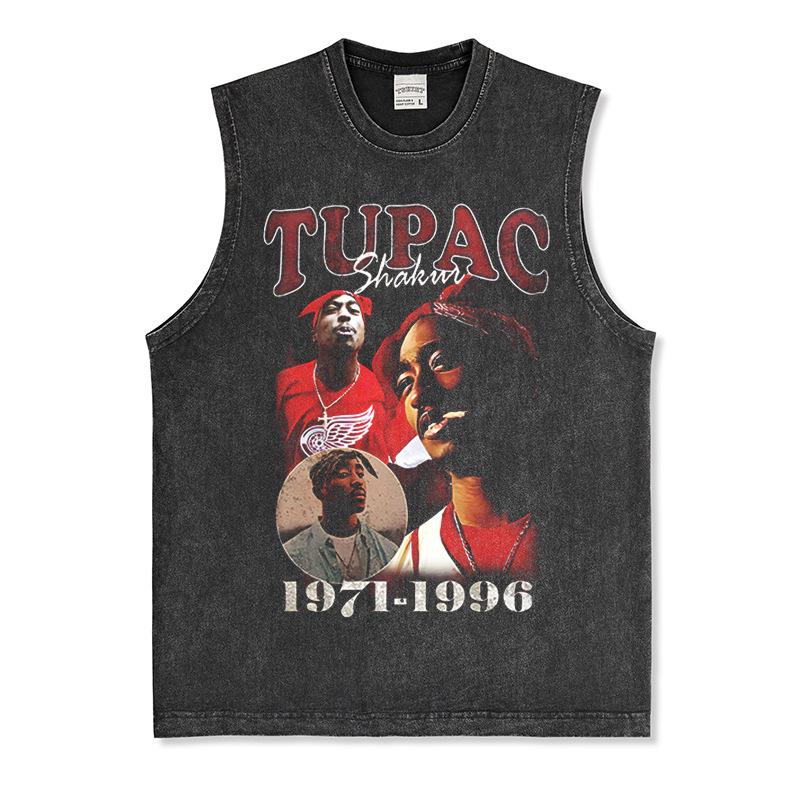 Canotta Senza Maniche Tupac Grafica Retro High Street Cotone Pesante