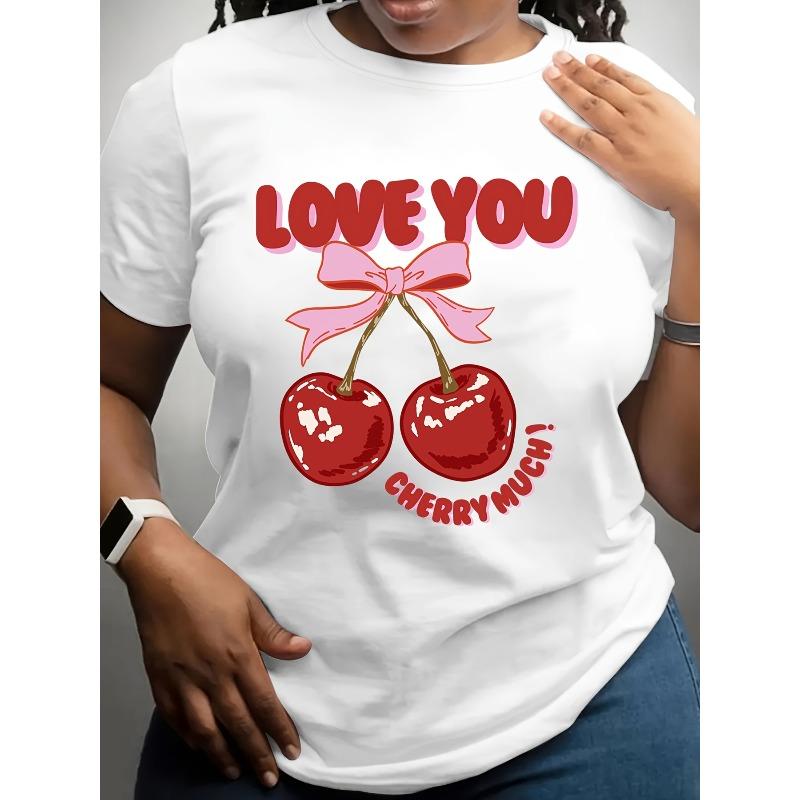 

Plus Size, Valentine s Day Plus Size Short Sleeve Crew Neck T-Shirt with Cherry Design And Love You Cherry Much Text Romantic Valentine s Day Gift S белый