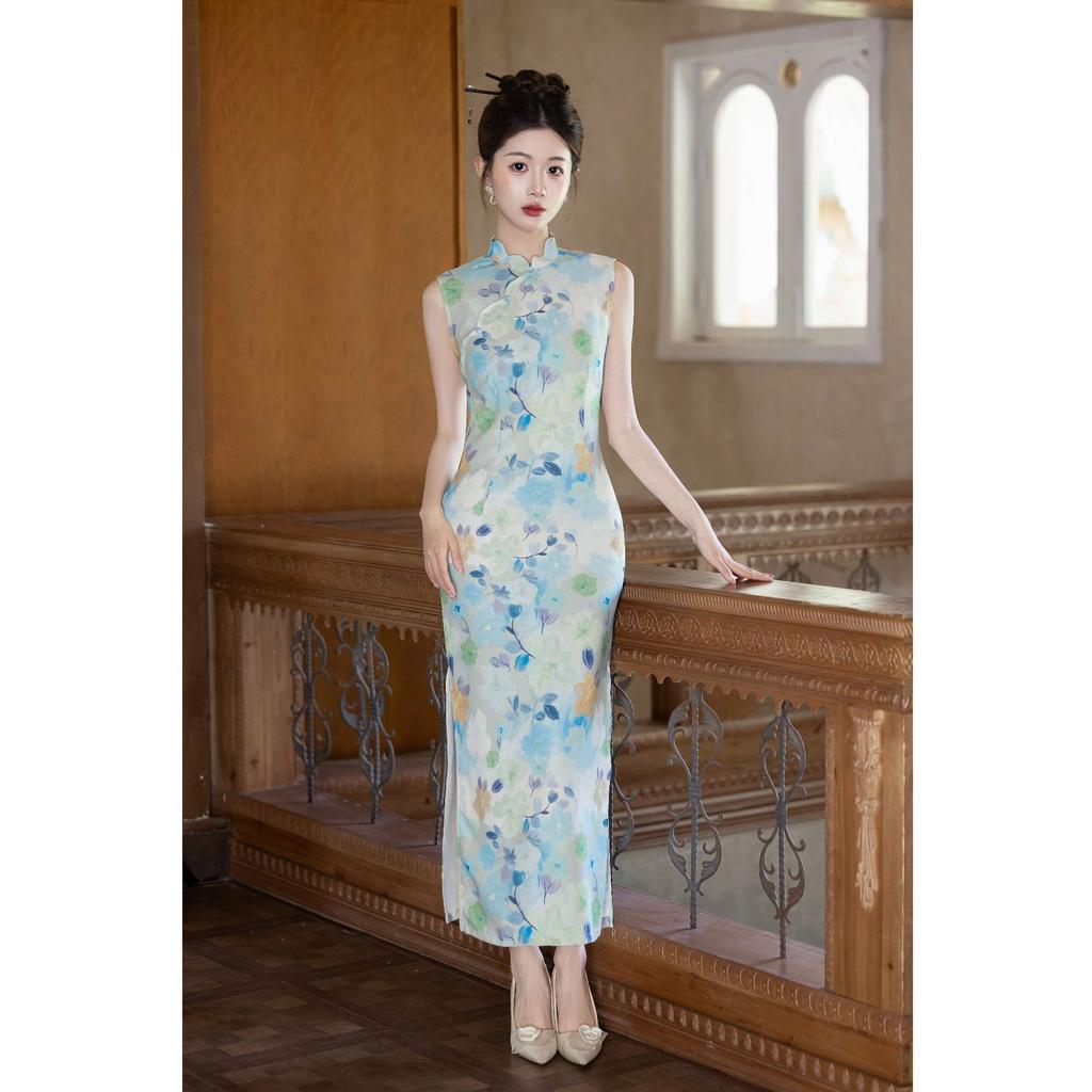 Retro Style Floral Improved Cheongsam Women's 1011 New Chinese Waist Young Long Cheongsam Dress Can Be Worn Daily
