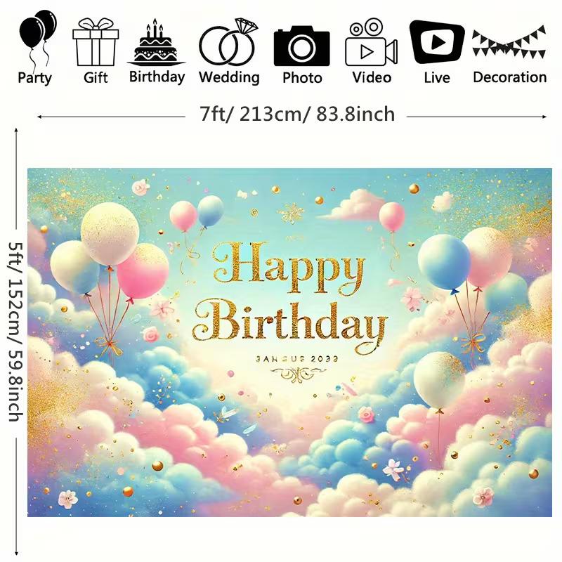 2D Cloud & Balloon Happy Birthday Backdrop for Baby Shower and Birthday Decor